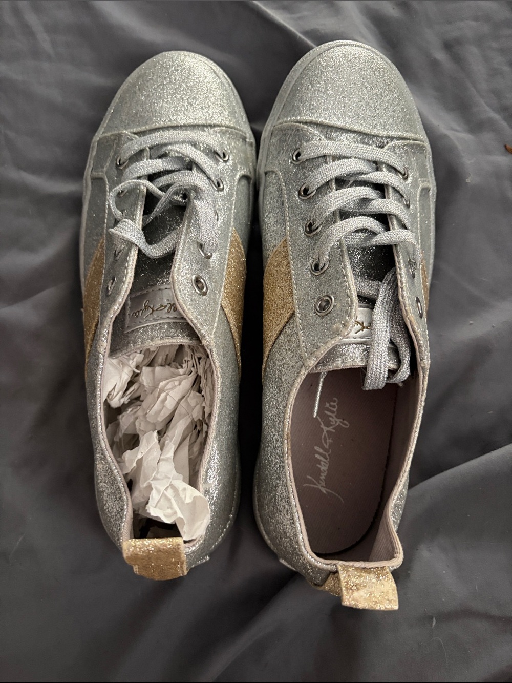 Kendall & Kylie Silver Glitter Sneakers with Gold Accents